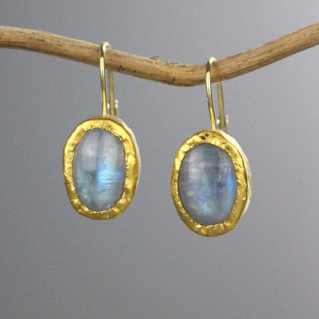 Fashion Gold Metal Natural Moonstone Earrings for Women Luxury Jewelry Small Cute Oval Dangle Earrings Pendientes Mujer Z3D391