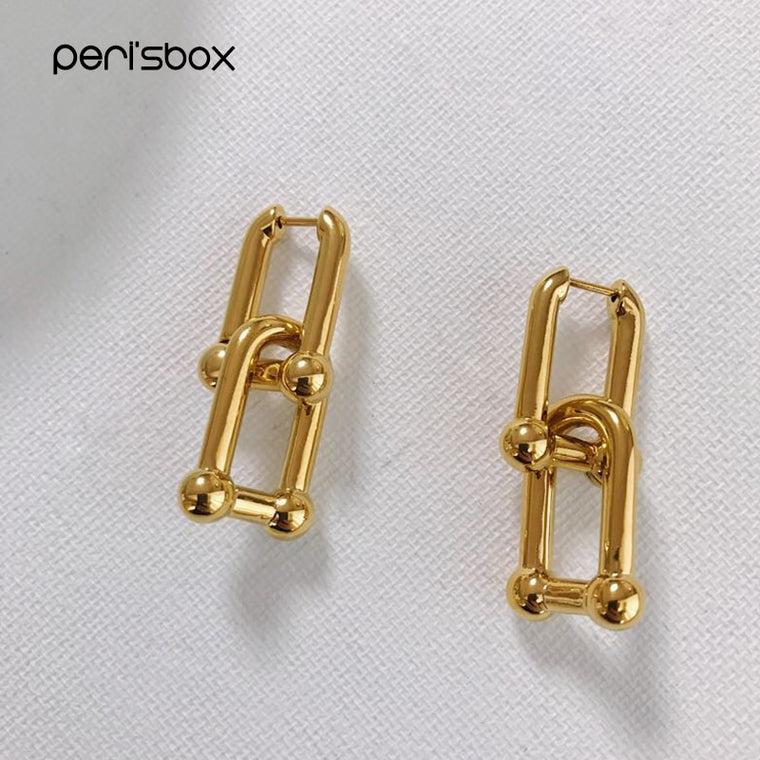 Peri'sBox Thick Link U Shape Geometric Earrings Brass Gold Drop Earrings for Women Chic Stylish Earrings Celebrity Jewelry