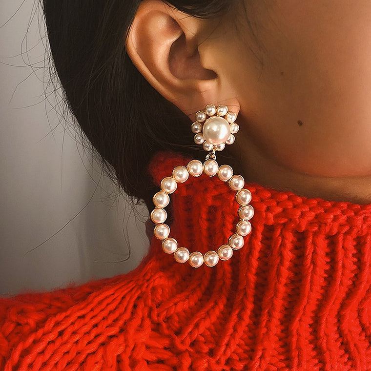 AENSOA Trendy Crystal Round Pendant Drop Earrings For Women Fashion Pearl Charm Statement Jewelry Wedding Earrings Female 2019