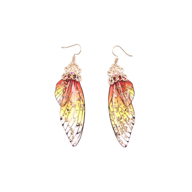 Handmade Fairy Simulation Wing Earrings Insect Butterfly Wing Drop Earrings Foil Rhinestone Earrings Romantic Bridal Jewelry