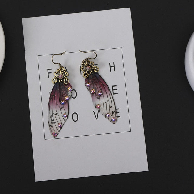 Handmade Fairy Simulation Wing Earrings Insect Butterfly Wing Drop Earrings Foil Rhinestone Earrings Romantic Bridal Jewelry