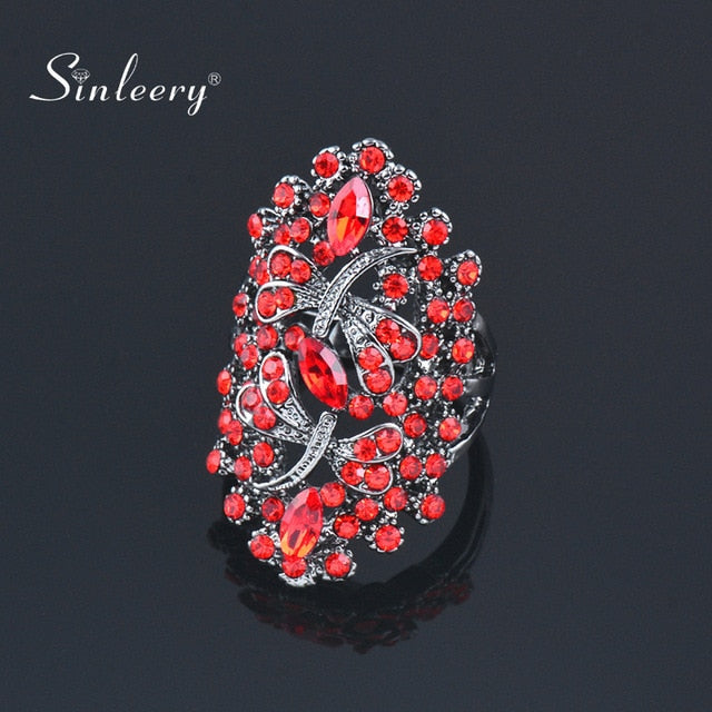 SINLEERY Vintage Big Hollow Blue Rhinestone Dragonfly Rings Women Antique Silver Color Wedding Party Jewelry JZ565 SSC