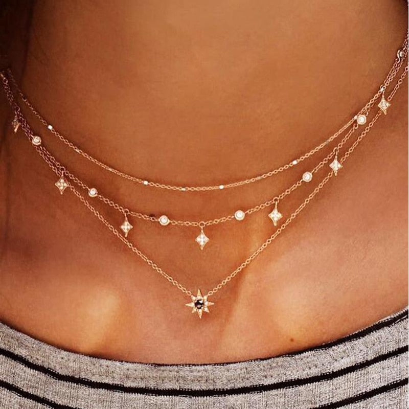 Tocona Charm Shiny Gem Crystal Star Bead Chain Tassel Pendant Multilayer Clavicle Neckace Women Boho Gold Party Jewelry Gift6568