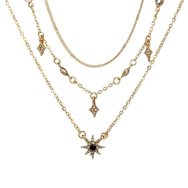 Tocona Charm Shiny Gem Crystal Star Bead Chain Tassel Pendant Multilayer Clavicle Neckace Women Boho Gold Party Jewelry Gift6568