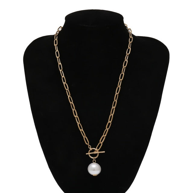Gothic Baroque Pearl Pendant Choker Necklace for Women Wedding Punk Big Bead Lariat Gold Color Long Chain Necklace Jewelry