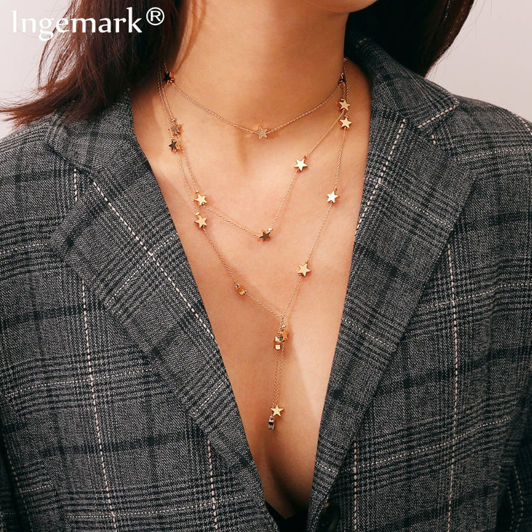 Ingemark Vintage Creative Multilayer Metal Star Choker Necklace for Women Punk Neck Chocker Collar Bijoux Jewelry