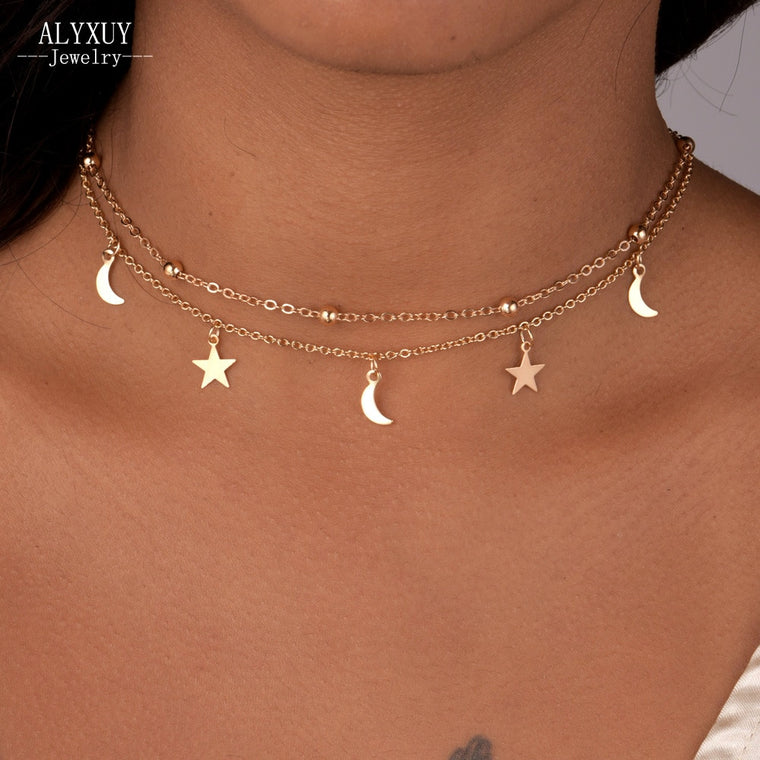 New fashion jewelry 2 layer star moon choker necklace nice gift for women girl (order 3 pieces have 15% off) N2076