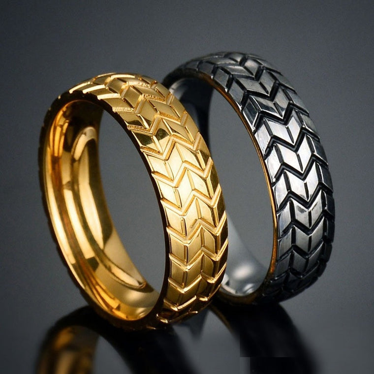 Gold Silver Color Stainless Steel Cool Motorcycle Tire Rings for Men Hip Hop Punk Biker Ring Geometric Striped Wedding Band Ring