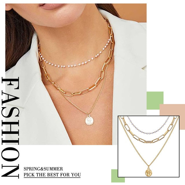 VKME boho Multi-layer necklace Party BIRTHDAY Wear Pearl Moon Coin Heart Shaped Cross Pendant for women necklace Jewellery