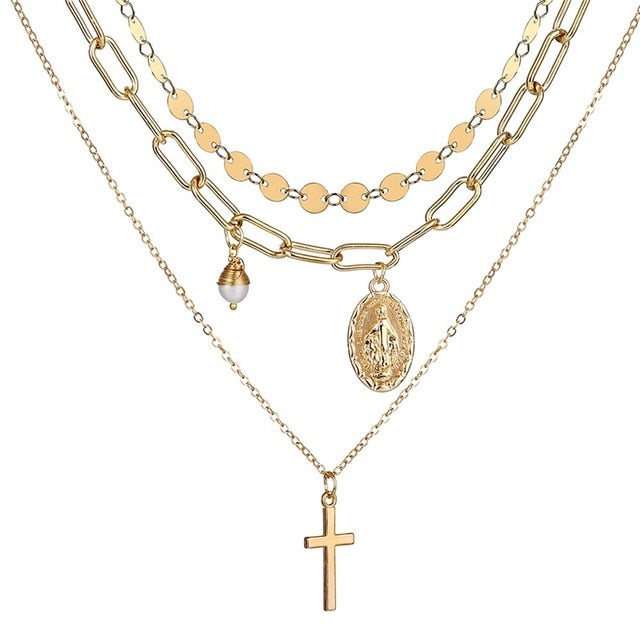 VKME boho Multi-layer necklace Party BIRTHDAY Wear Pearl Moon Coin Heart Shaped Cross Pendant for women necklace Jewellery