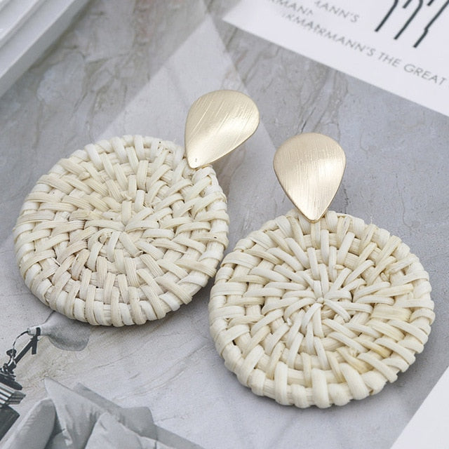 AENSOA Multiple 27 Style Korea Handmade Wooden Straw Weave Rattan Vine Braid Drop Earrings New Fashion Geometric Long Earrings