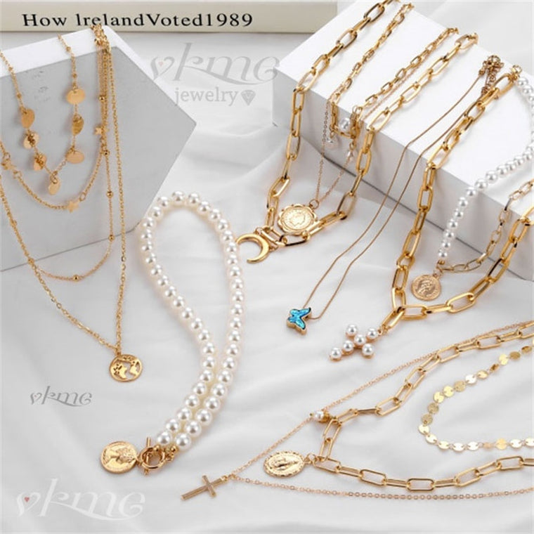 VKME boho Multi-layer necklace Party BIRTHDAY Wear Pearl Moon Coin Heart Shaped Cross Pendant for women necklace Jewellery