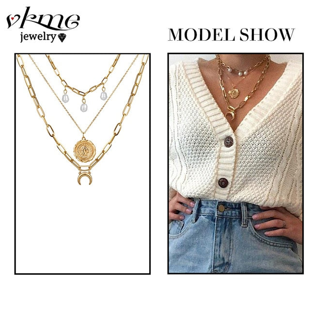 VKME boho Multi-layer necklace Party BIRTHDAY Wear Pearl Moon Coin Heart Shaped Cross Pendant for women necklace Jewellery