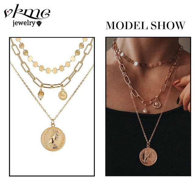 VKME boho Multi-layer necklace Party BIRTHDAY Wear Pearl Moon Coin Heart Shaped Cross Pendant for women necklace Jewellery