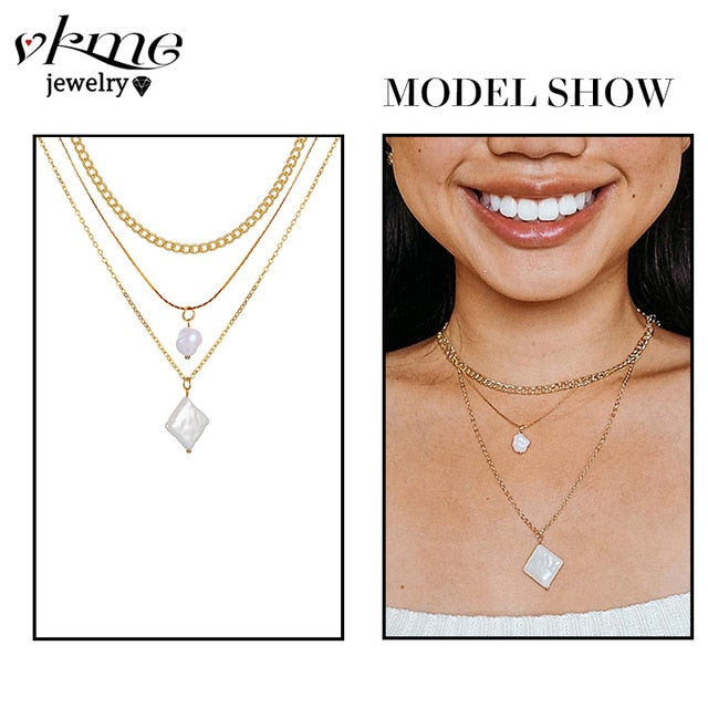 VKME boho Multi-layer necklace Party BIRTHDAY Wear Pearl Moon Coin Heart Shaped Cross Pendant for women necklace Jewellery