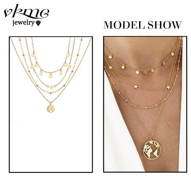 VKME boho Multi-layer necklace Party BIRTHDAY Wear Pearl Moon Coin Heart Shaped Cross Pendant for women necklace Jewellery