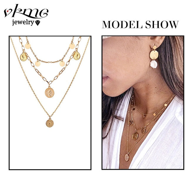 VKME boho Multi-layer necklace Party BIRTHDAY Wear Pearl Moon Coin Heart Shaped Cross Pendant for women necklace Jewellery