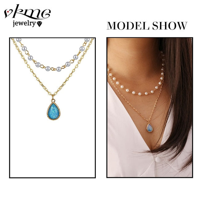 VKME boho Multi-layer necklace Party BIRTHDAY Wear Pearl Moon Coin Heart Shaped Cross Pendant for women necklace Jewellery