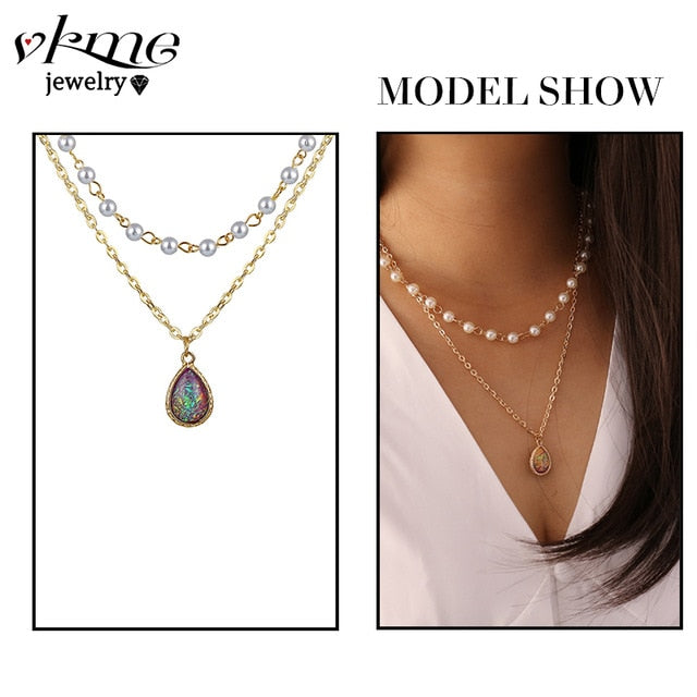 VKME boho Multi-layer necklace Party BIRTHDAY Wear Pearl Moon Coin Heart Shaped Cross Pendant for women necklace Jewellery
