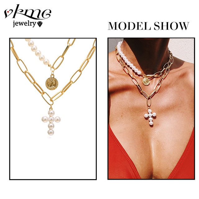 VKME boho Multi-layer necklace Party BIRTHDAY Wear Pearl Moon Coin Heart Shaped Cross Pendant for women necklace Jewellery