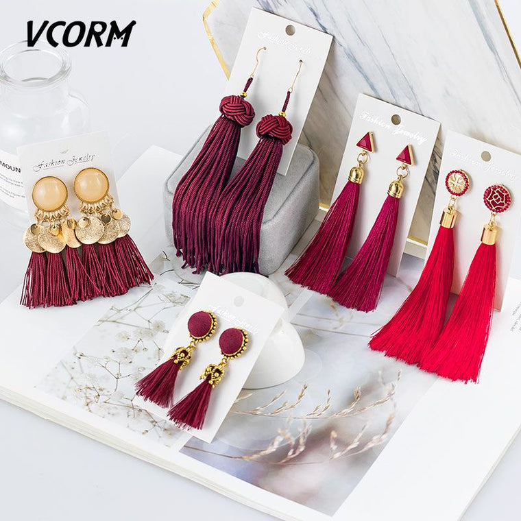 VCORM Bohemian Tassel Crystal Long Drop Earrings for Women Red Cotton Silk Fabric Fringe Earrings 2019 Fashion Woman Jewelry