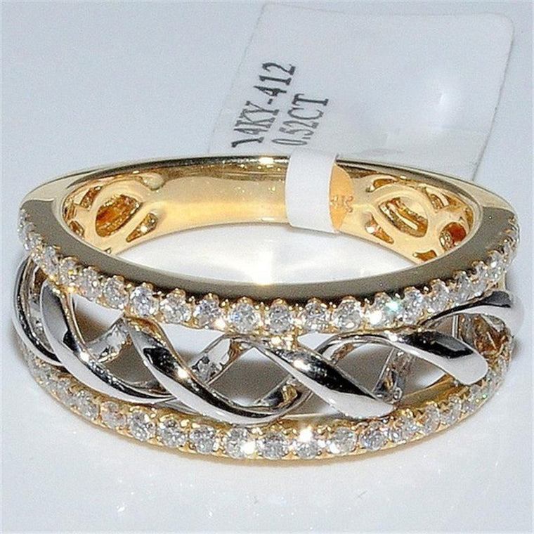 FFLACEL Hollow Two-tone Color Ring Wave Cubic Zircon Ring for Female Fashion Popular Rhinestone Wedding Rings for Women