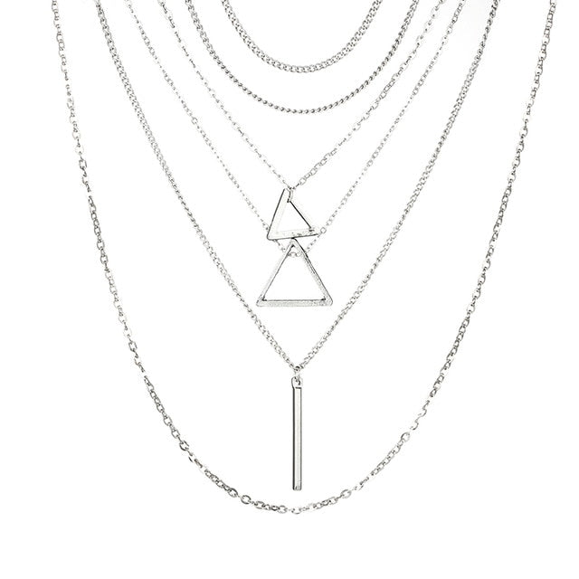 Tocona Bohemian Triangle Bar Stick Pendant Necklaces Multi Layer Silver Color Chokers Necklace Collar for Women Jewelry 6424