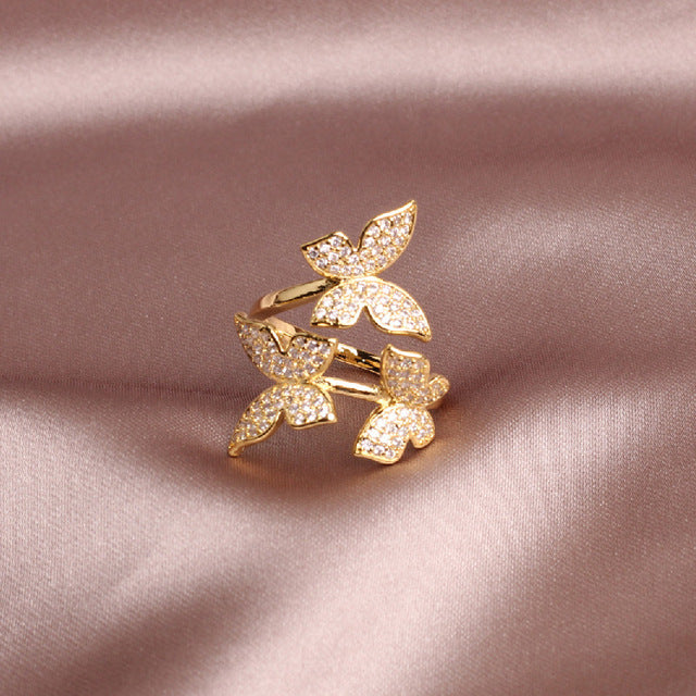 New design fashion jewelry opening high-grade copper inlaid zircon butterfly ring luxury shiny cocktail party ring for women