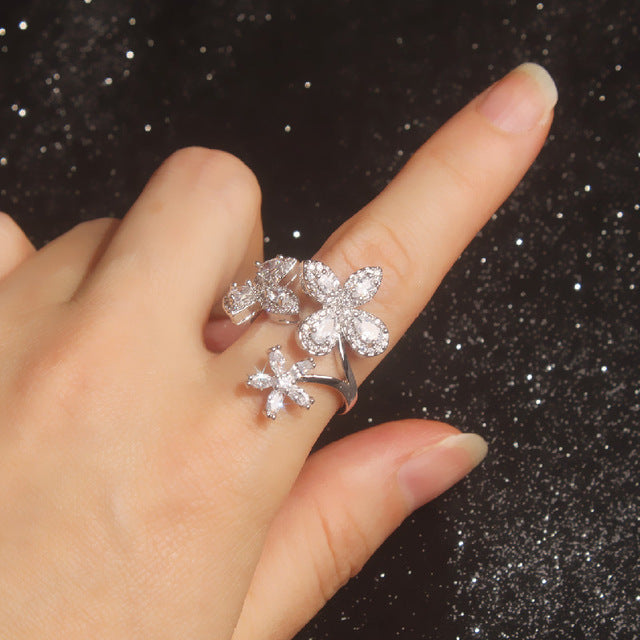 New design fashion jewelry opening high-grade copper inlaid zircon butterfly ring luxury shiny cocktail party ring for women