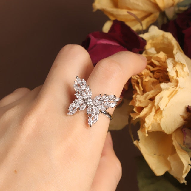 New design fashion jewelry opening high-grade copper inlaid zircon butterfly ring luxury shiny cocktail party ring for women