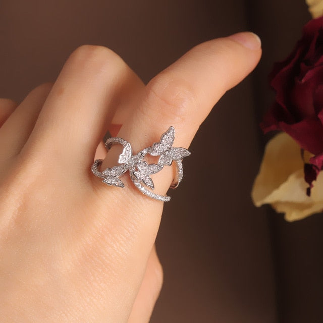 New design fashion jewelry opening high-grade copper inlaid zircon butterfly ring luxury shiny cocktail party ring for women