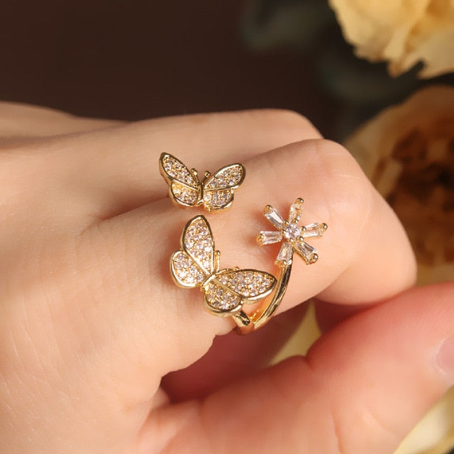 New design fashion jewelry opening high-grade copper inlaid zircon butterfly ring luxury shiny cocktail party ring for women