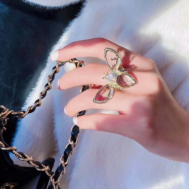 New design fashion jewelry opening high-grade copper inlaid zircon butterfly ring luxury shiny cocktail party ring for women
