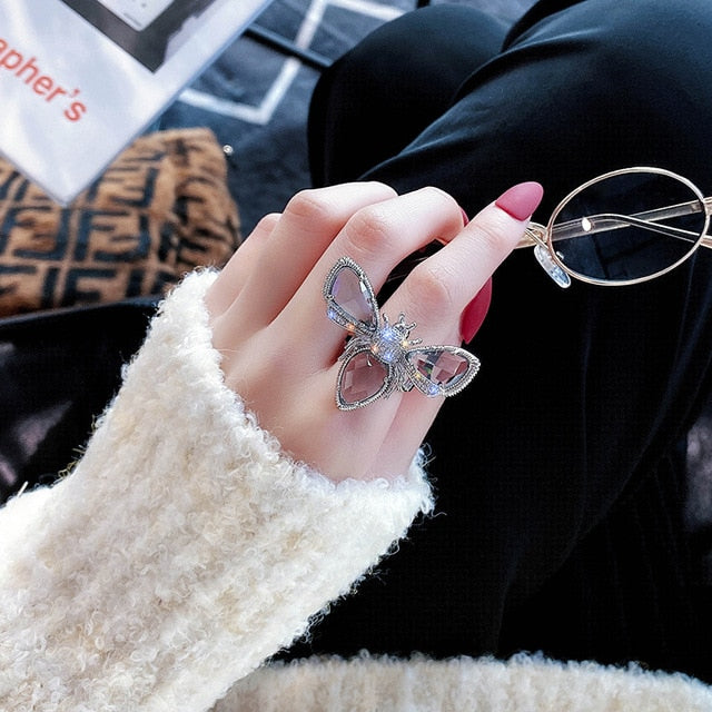 New design fashion jewelry opening high-grade copper inlaid zircon butterfly ring luxury shiny cocktail party ring for women