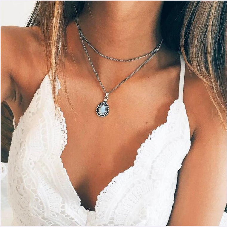 Tocona Hot New Multilayer Stone Water Drop Necklace Vintage Silver Color Link Chain Bohemia Necklaces&Pendants for Women 4835