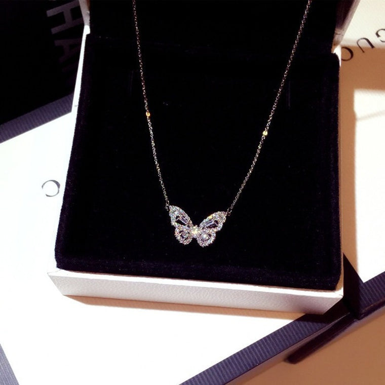 fashion silver / rose gold butterfly female pendant necklace shiny crystal wedding ball valentine gift