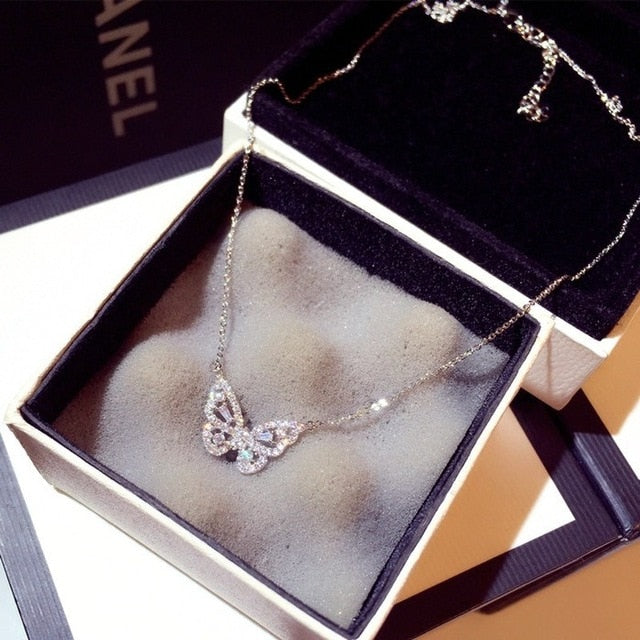 fashion silver / rose gold butterfly female pendant necklace shiny crystal wedding ball valentine gift