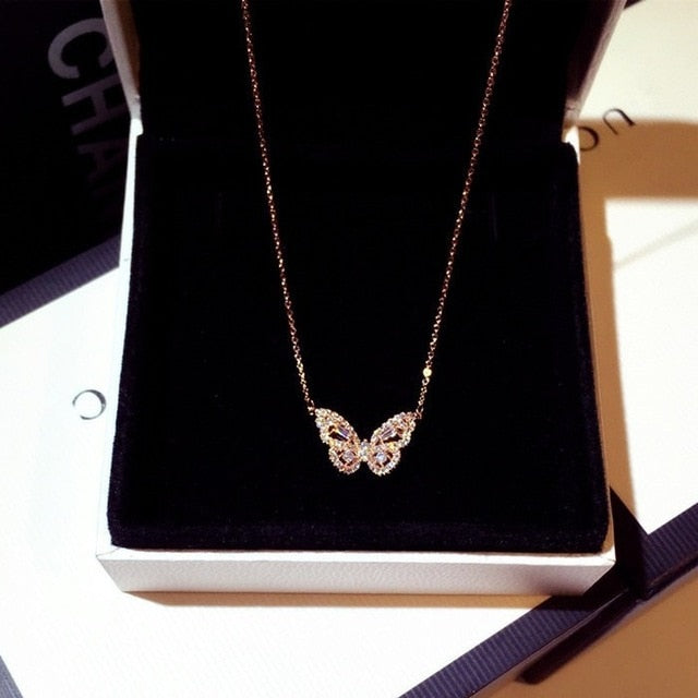 fashion silver / rose gold butterfly female pendant necklace shiny crystal wedding ball valentine gift