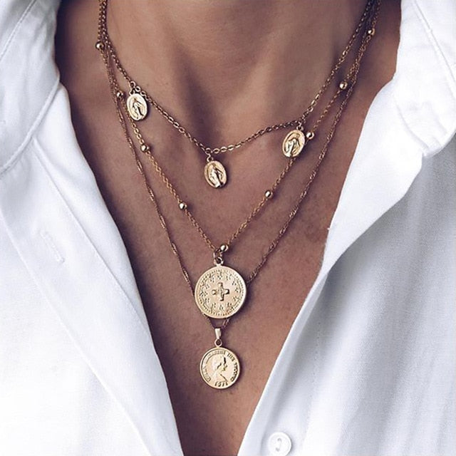 Bohemian Fashion Moon Circle Map Pendant Necklace for Women Jewelry Earth Choker Multilayer Bijoux Collares Mujer Collier Femme