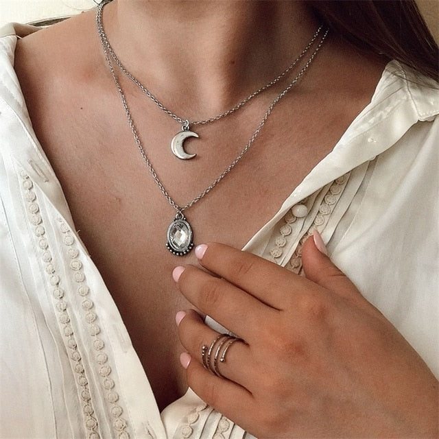 Bohemian Fashion Moon Circle Map Pendant Necklace for Women Jewelry Earth Choker Multilayer Bijoux Collares Mujer Collier Femme