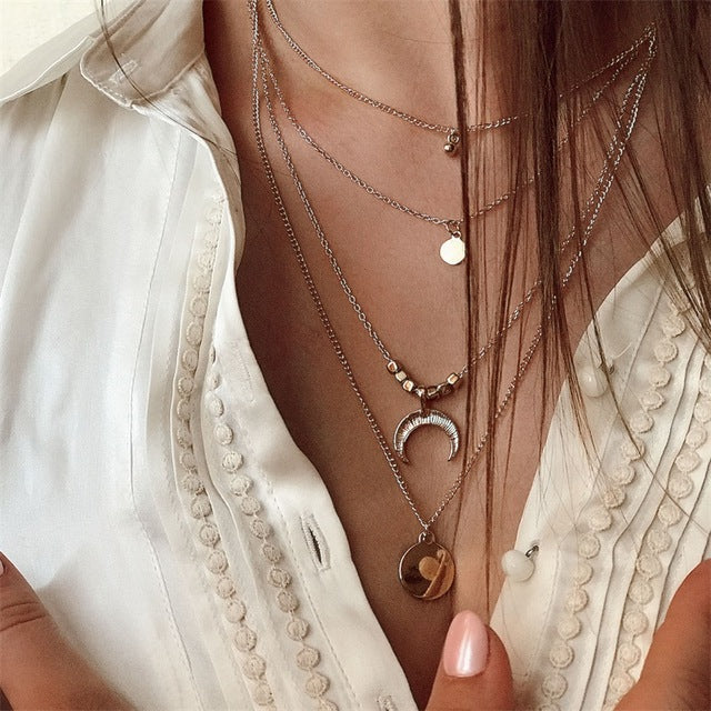 Bohemian Fashion Moon Circle Map Pendant Necklace for Women Jewelry Earth Choker Multilayer Bijoux Collares Mujer Collier Femme
