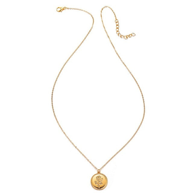 Fashion Rose Flower Charm Pendant Necklaces For Women Gift Vintage Coin Gold Color Chains Necklace Statement Jewelry Wholesale