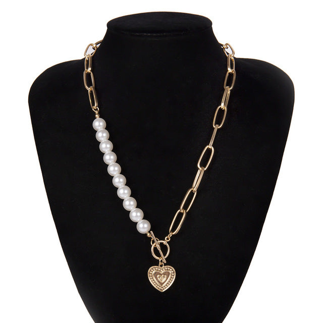 IngeSight.Z Punk Imitation Pearl Choker Necklace Collar Statement Gold Color Love Heart Lasso Pendant Necklace for Women Jewelry