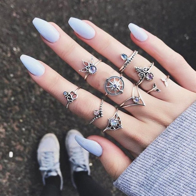 Vintage Women crystal Finger Knuckle Rings Set For Girls Moon lotus Charm Bohemian Ring Fashion Jewelry Gift