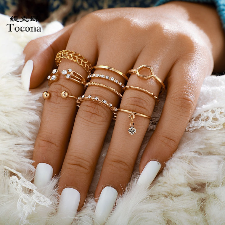 Tocona 8pcs/sets Bohemian Geometric Rings Sets Clear Crystal Stone Gold Chain Opening Rings for Women Jewelry Accessories 9012