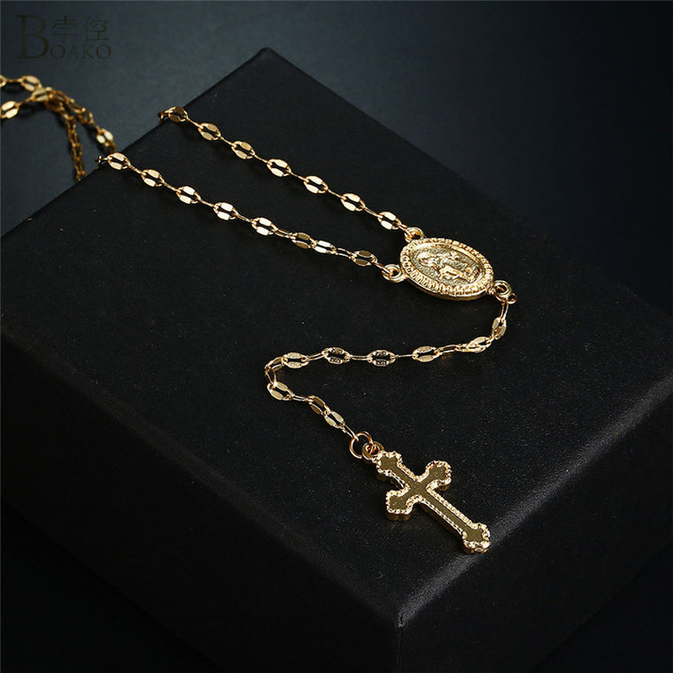 BOAKO Gold Cross Pendant Necklace Rosary Madonna Coin Necklaces For Women Religious Jewelry Sweater Long Chain Necklace collares