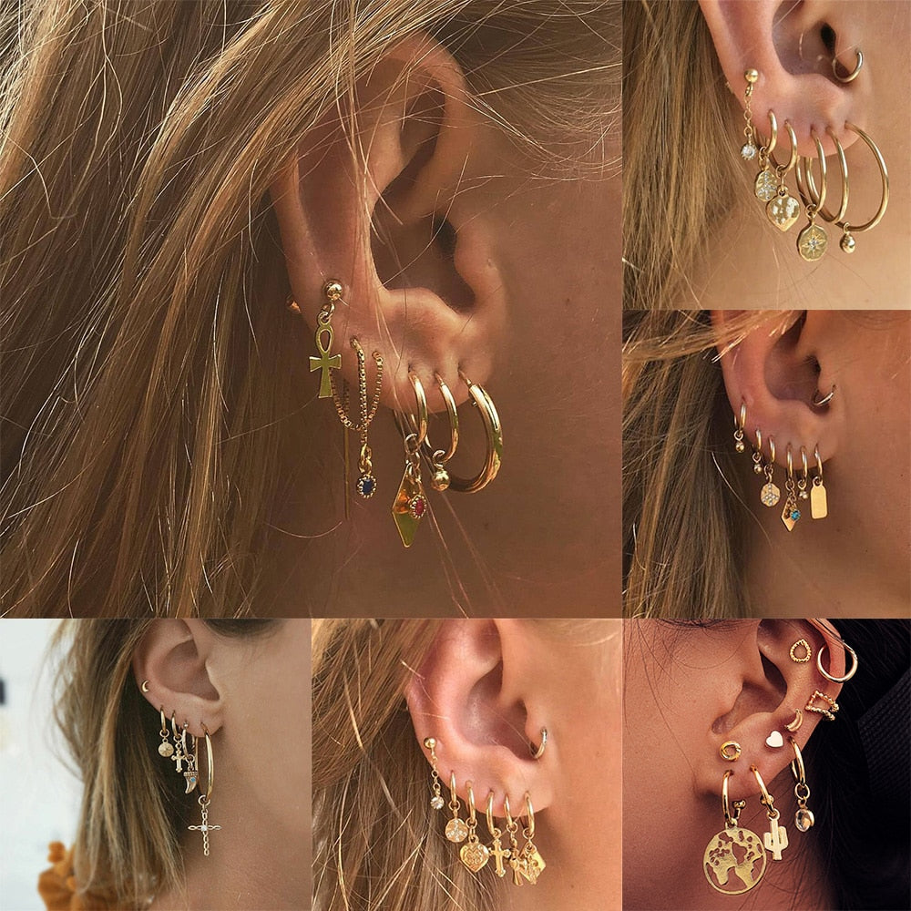 Bls-miracle 2019 New Boho Multi-Element Crystal Set Earring For Women Fashion Pendant Piercing Geometric Stud Earrings Jewelry