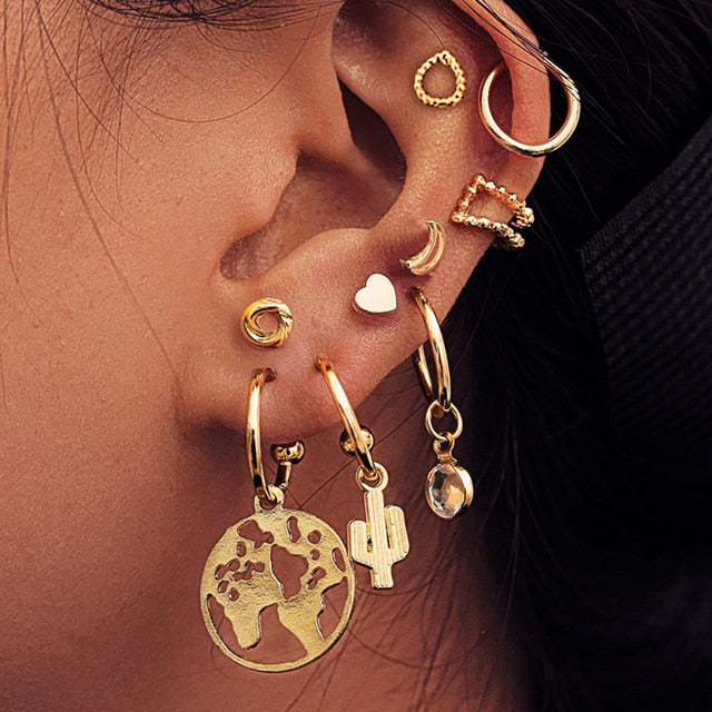 Bls-miracle 2019 New Boho Multi-Element Crystal Set Earring For Women Fashion Pendant Piercing Geometric Stud Earrings Jewelry
