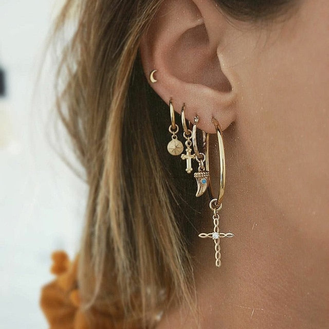 Bls-miracle 2019 New Boho Multi-Element Crystal Set Earring For Women Fashion Pendant Piercing Geometric Stud Earrings Jewelry