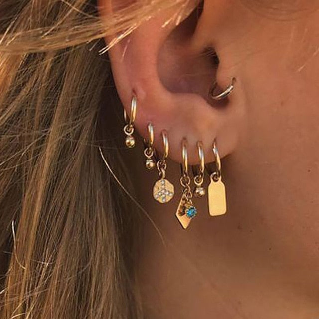 Bls-miracle 2019 New Boho Multi-Element Crystal Set Earring For Women Fashion Pendant Piercing Geometric Stud Earrings Jewelry
